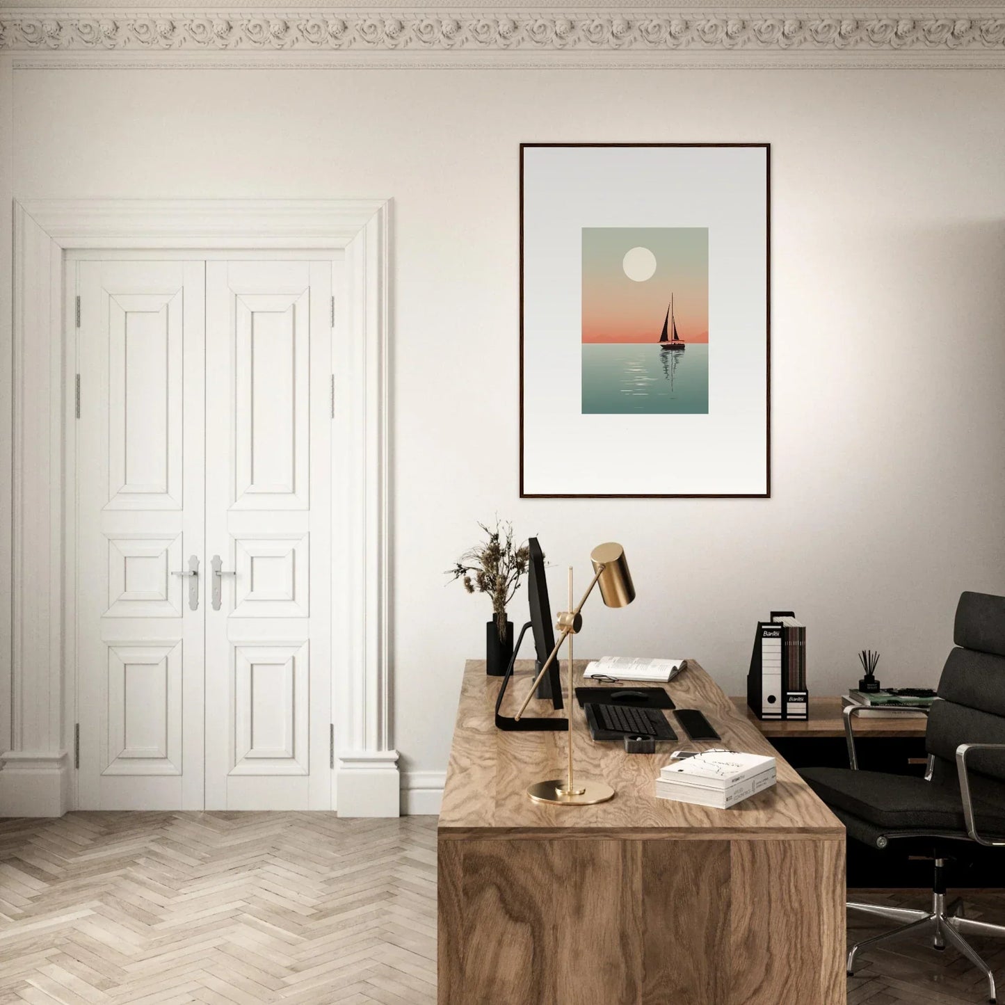 Wooden desk with typewriter and books in a minimalist workspace for Nautical Harmonies room decoration