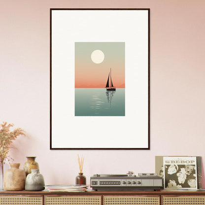 Framed canvas print of Nautical Harmonies sailboat under a full moon, perfect room decoration