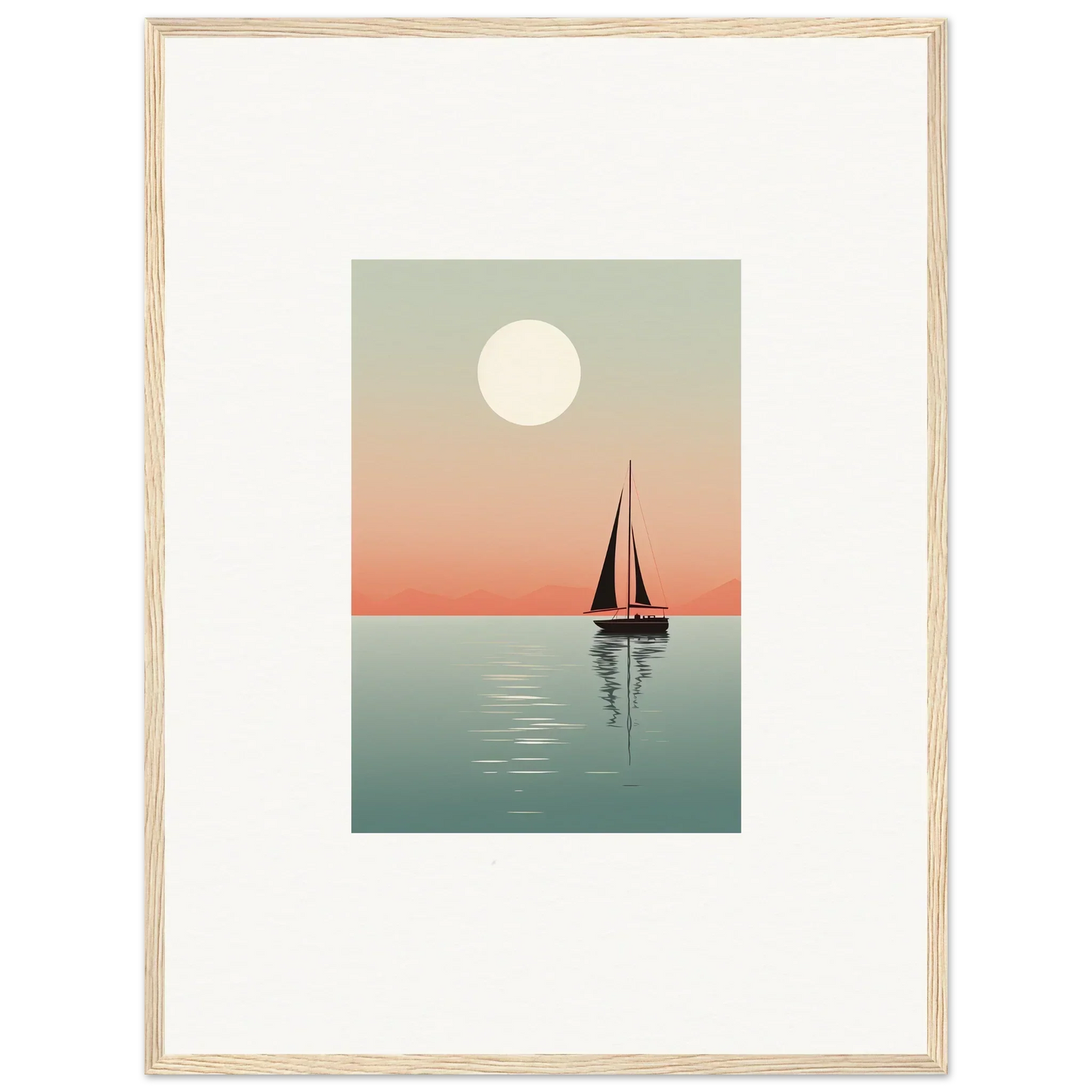 Sailboat silhouette at sunset with full moon, perfect for Nautical Harmonies room decoration