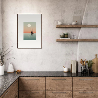 Framed canvas print of a sailboat at sunset, perfect for nautical harmonies room decoration