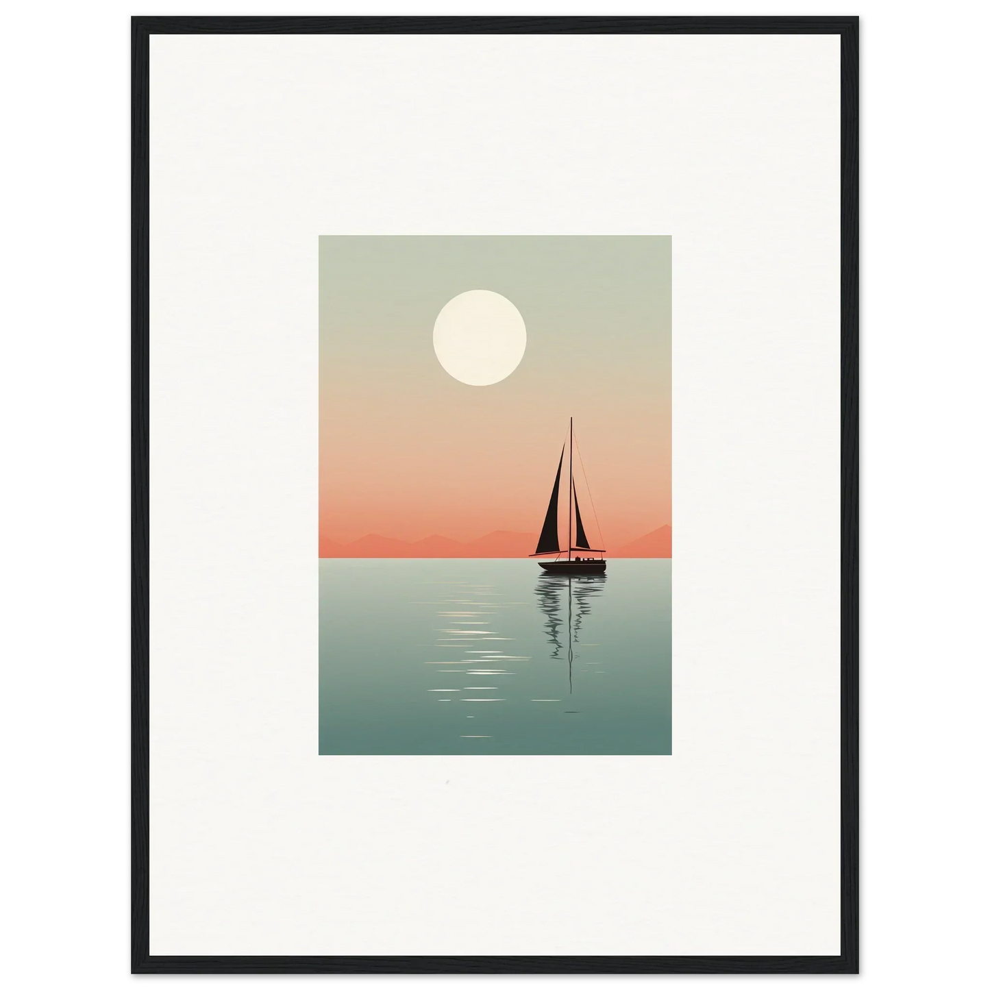 Sailboat silhouette at sunset with a full moon - perfect for nautical harmonies room decoration