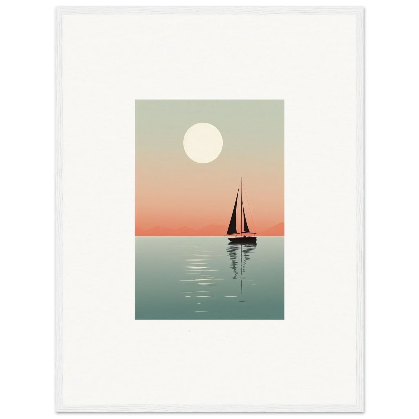 Sailboat silhouette at sunset with full moon, perfect for Nautical Harmonies canvas print