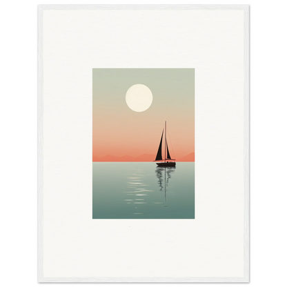 Sailboat silhouette at sunset with full moon, perfect for Nautical Harmonies canvas print