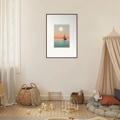 Framed canvas print of nautical harmonies with a sailboat under a full moon