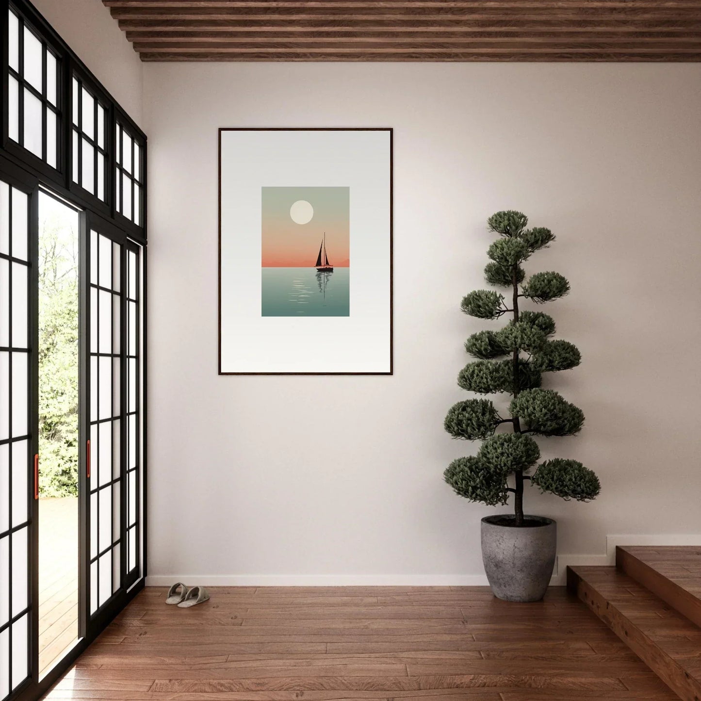 Framed minimalist canvas print of a sailboat under the full moon for nautical harmonies