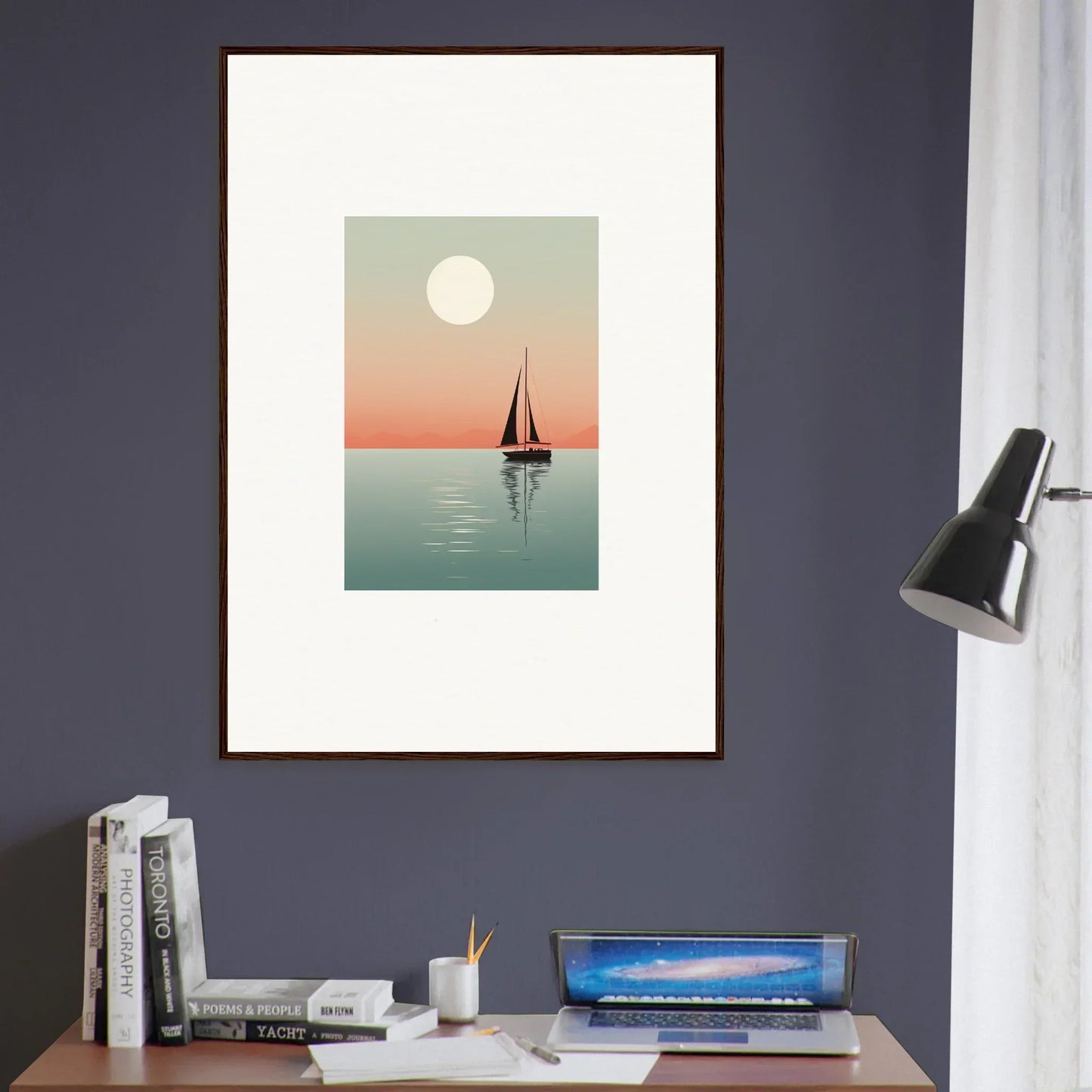 Framed canvas print of a sailboat at sunset for nautical harmonies room decoration