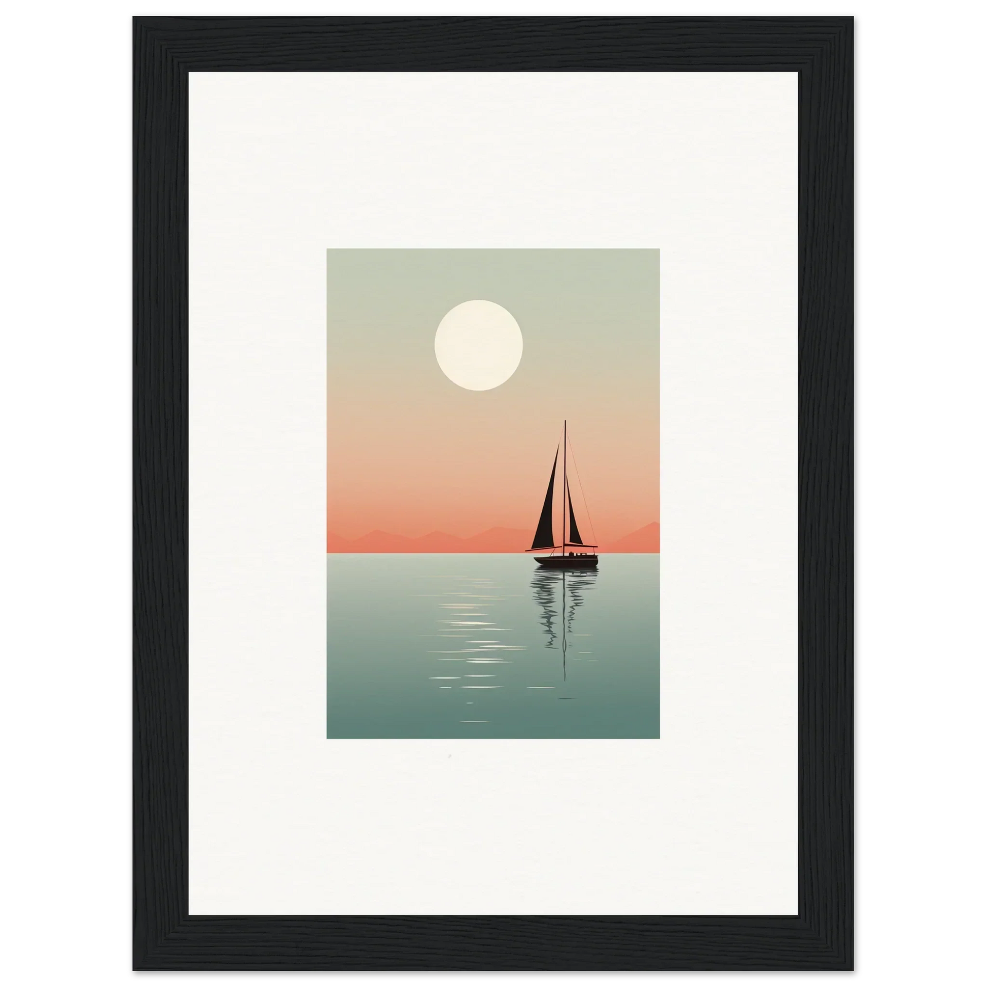 Sailboat silhouette at sunset with full moon, perfect for Nautical Harmonies canvas print