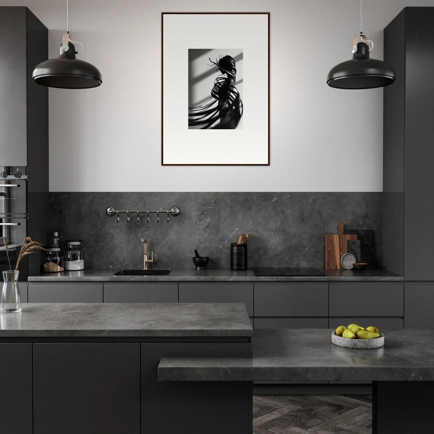 Modern kitchen with dark gray cabinets, perfect for Serpentine Harmony room decoration