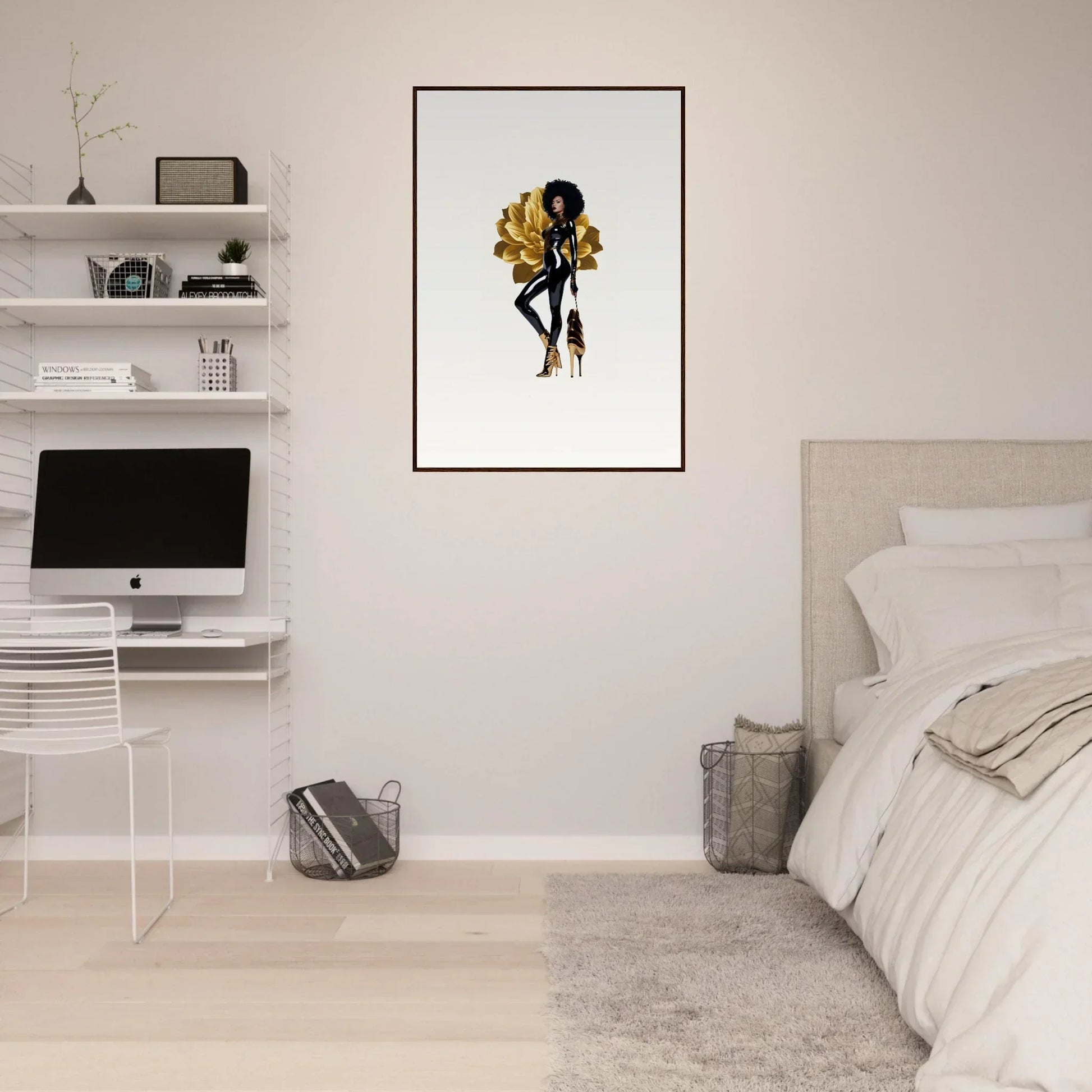 Stylized illustration of a fashionable Black woman for golden reverie framed wall art decor