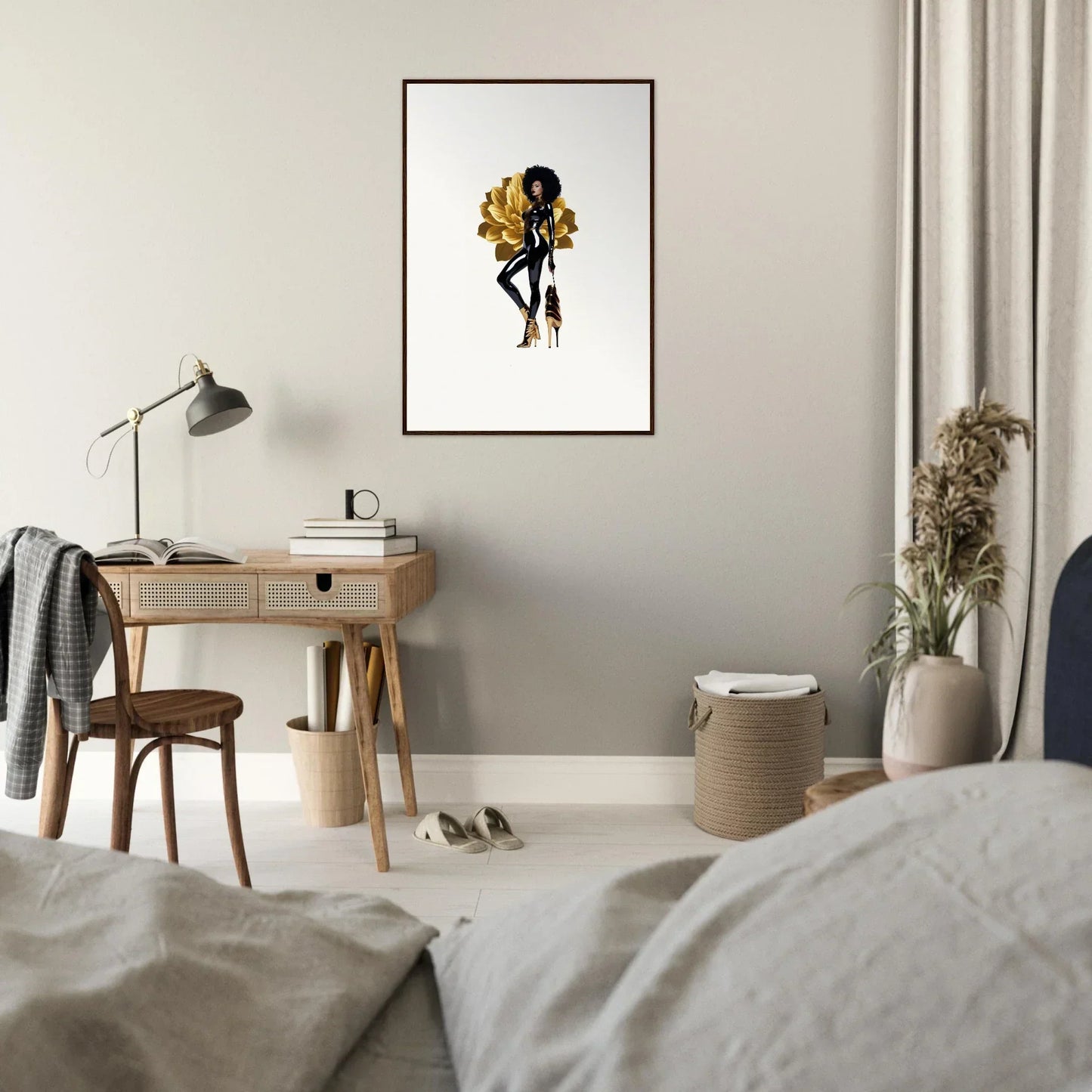 Framed wall art featuring a stylized figure with yellow flowers in Golden Reverie decor