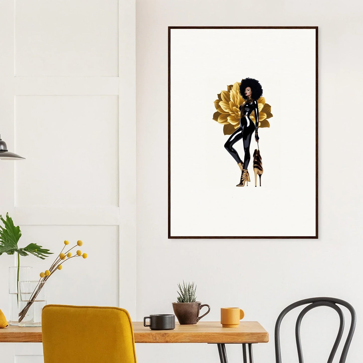 Stylized illustration of a woman in black and gold attire for elegant room decor