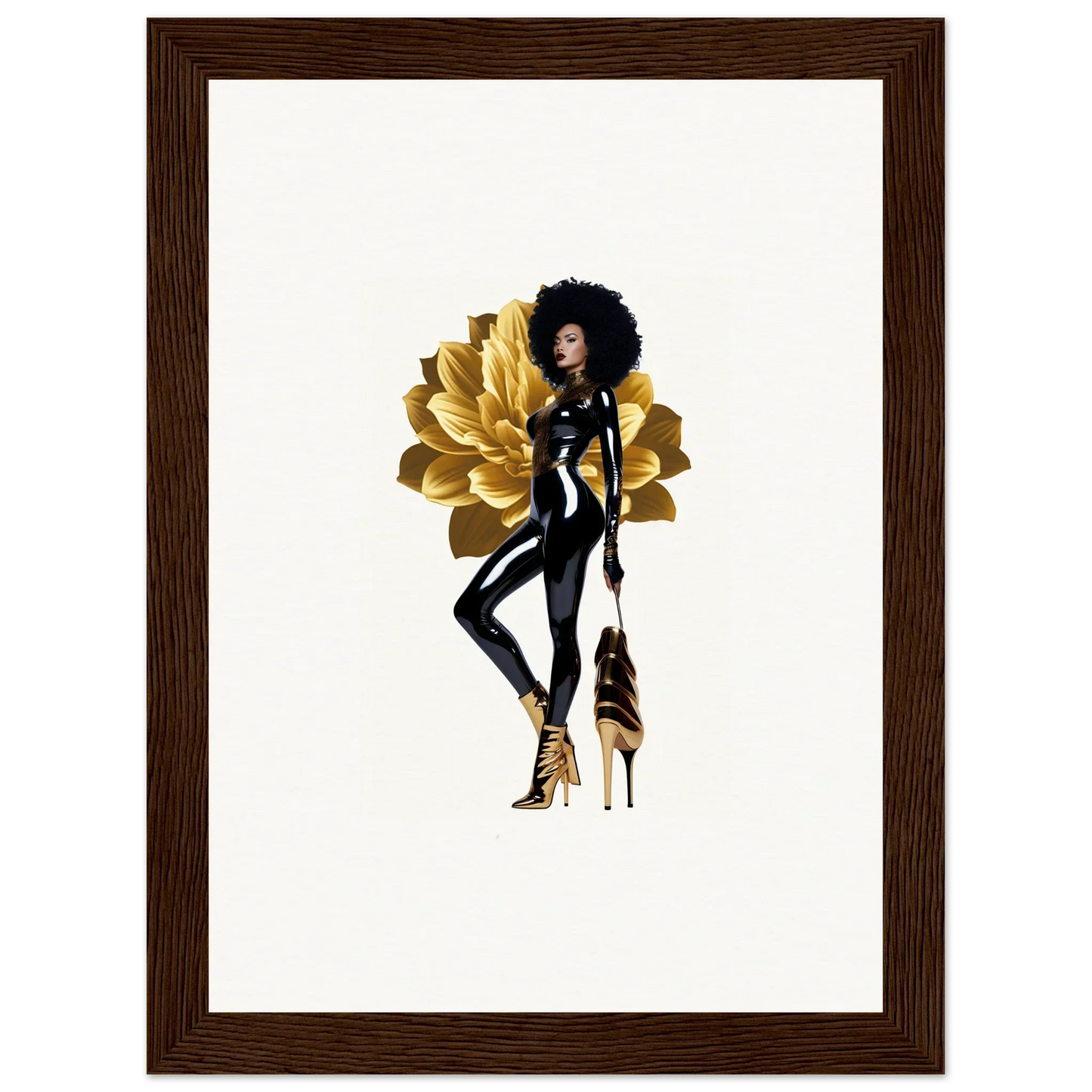 Stylized Black woman in bodysuit poses with golden flower shapes for golden reverie wall art