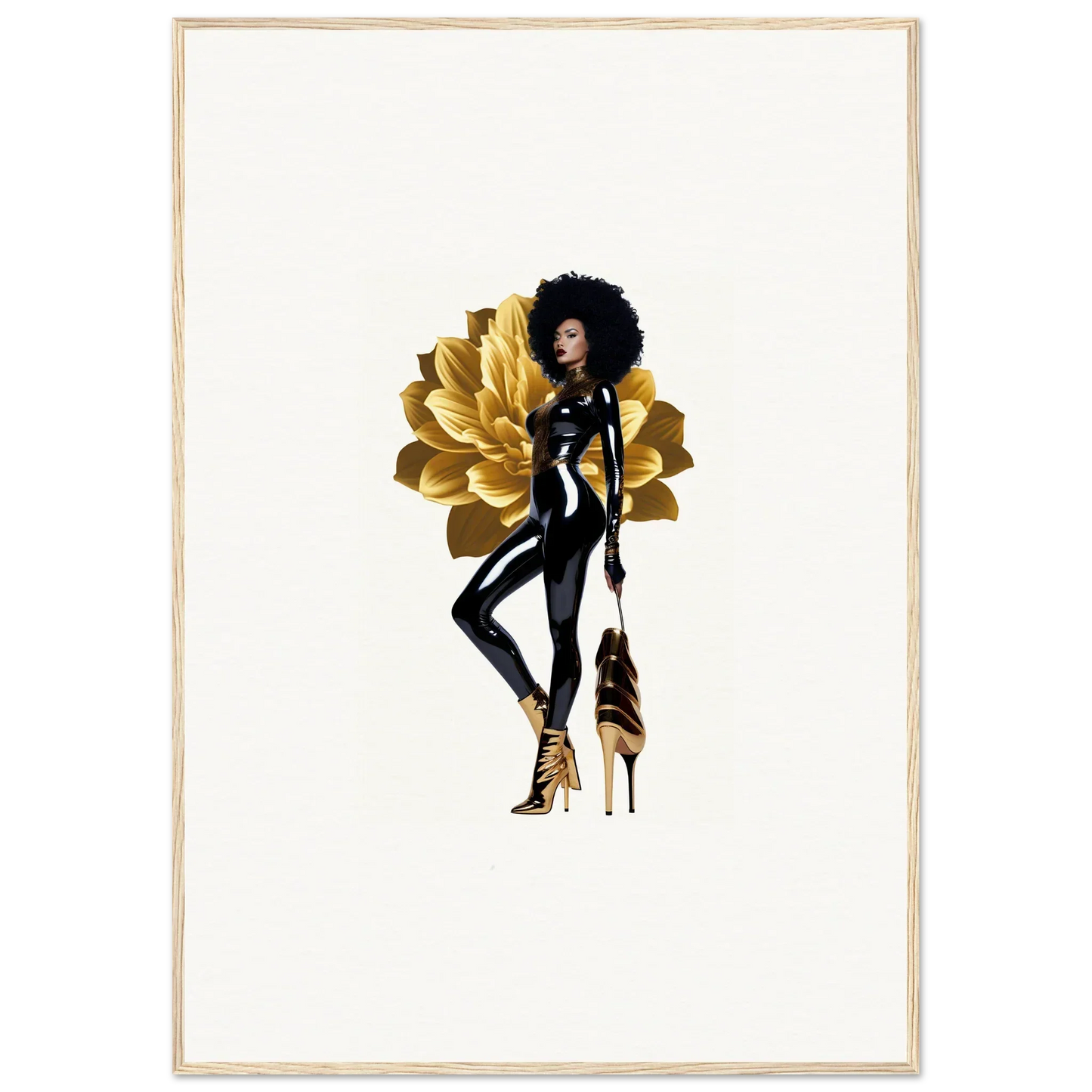 Stylized illustration of a fashionable woman in black with gold accessories, Golden Reverie wall art