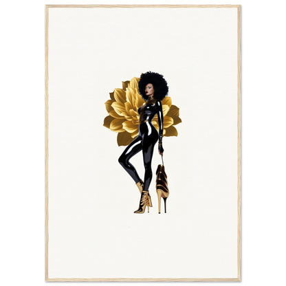 Stylized illustration of a fashionable woman in black with gold accessories, Golden Reverie wall art