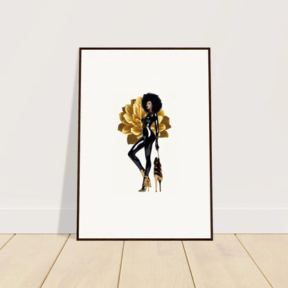 Stylized illustration of a fashionable Black woman with an afro and golden wings for room decor