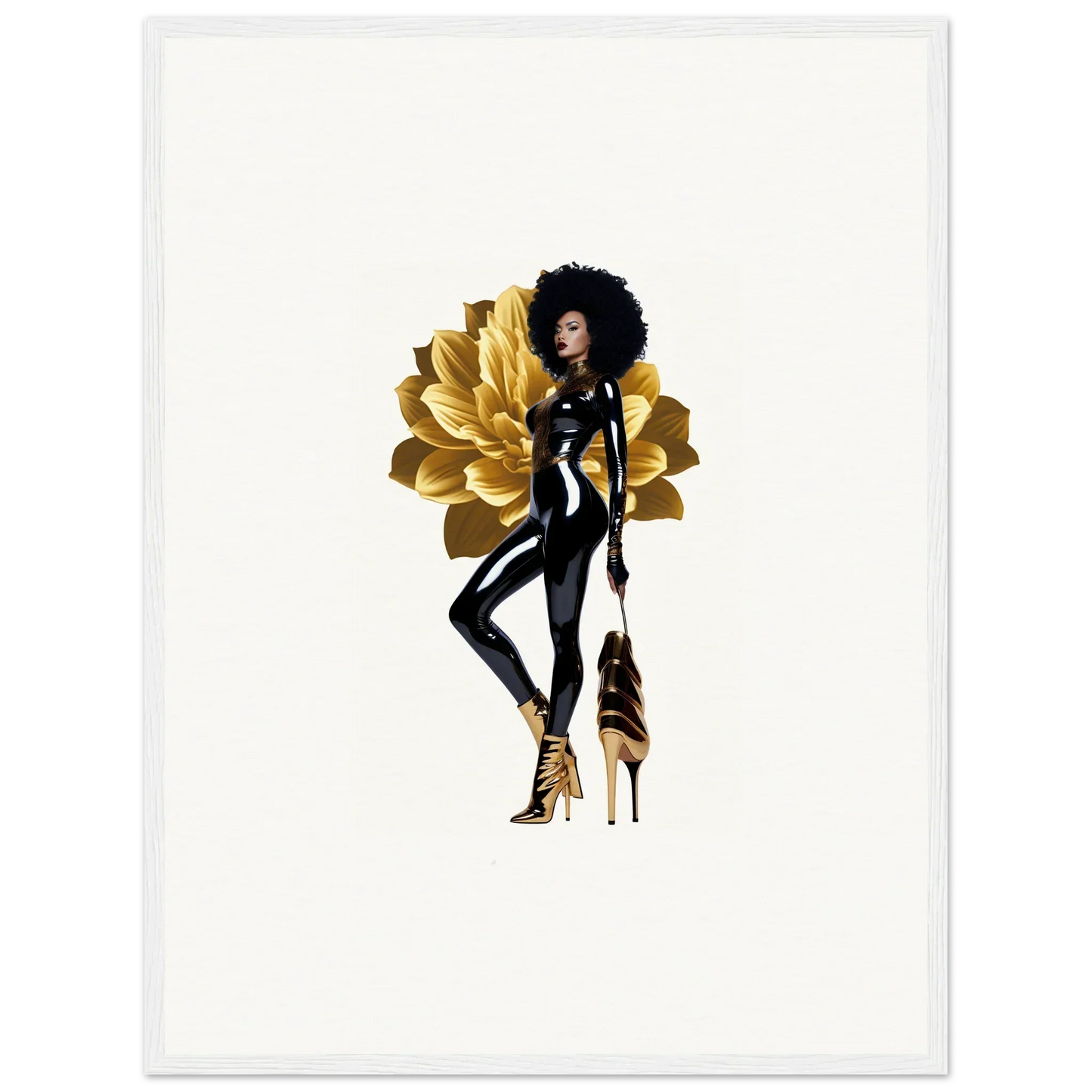 Stylized illustration of a woman in black with gold heels for Golden Reverie wall art