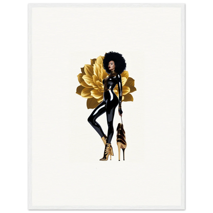 Stylized illustration of a woman in black with gold heels for Golden Reverie wall art