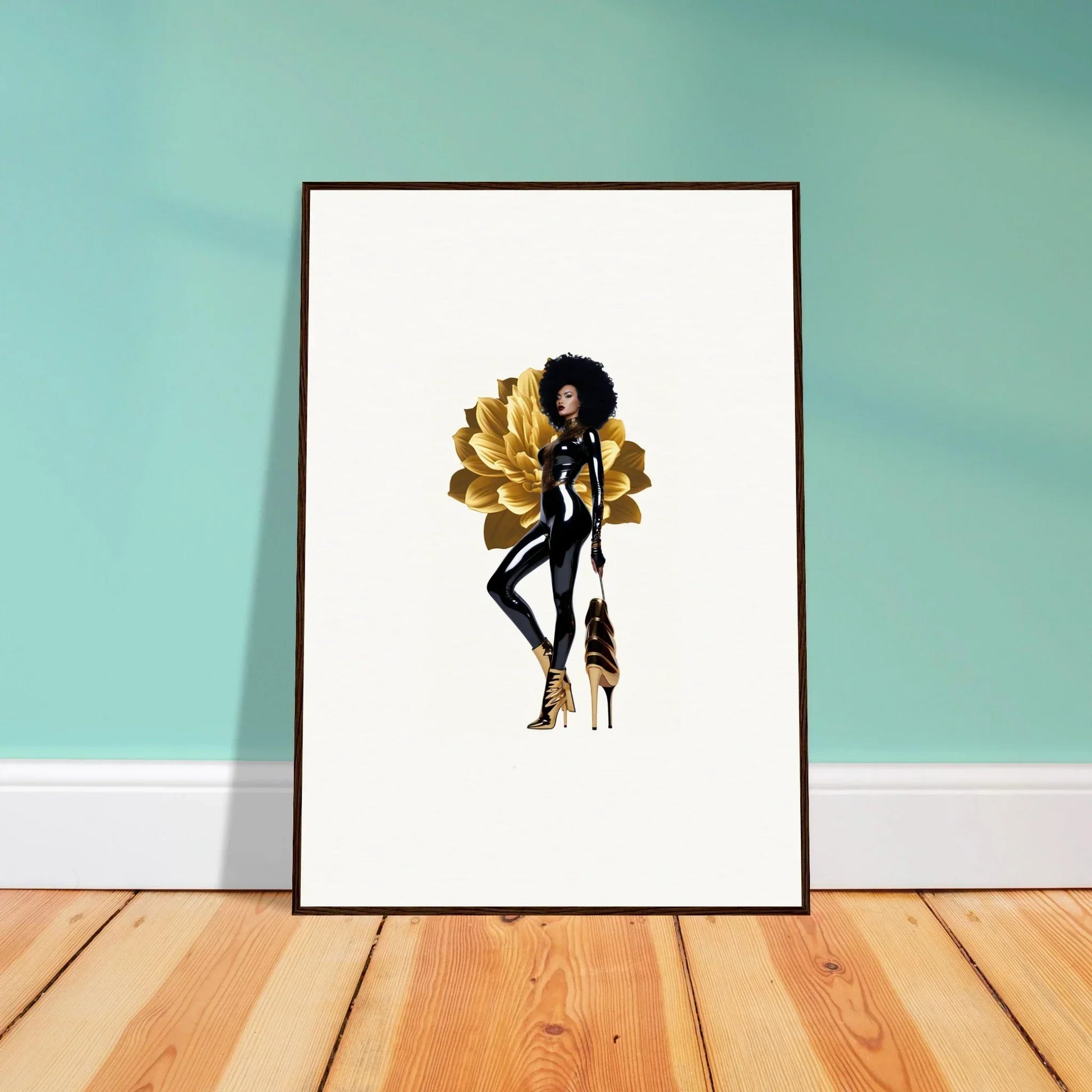 Framed wall art of a woman with afro hairstyle in golden reverie inspired decor