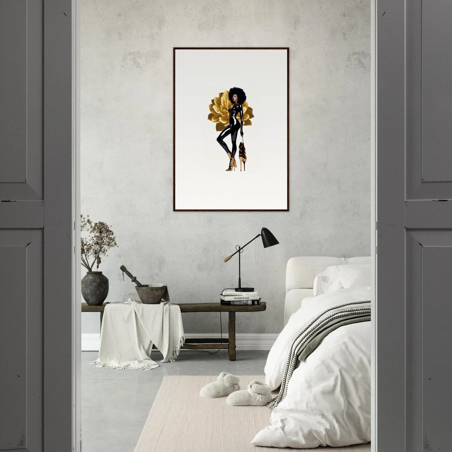 Framed wall art of a stylized female figure in Golden Reverie for elegant room decor