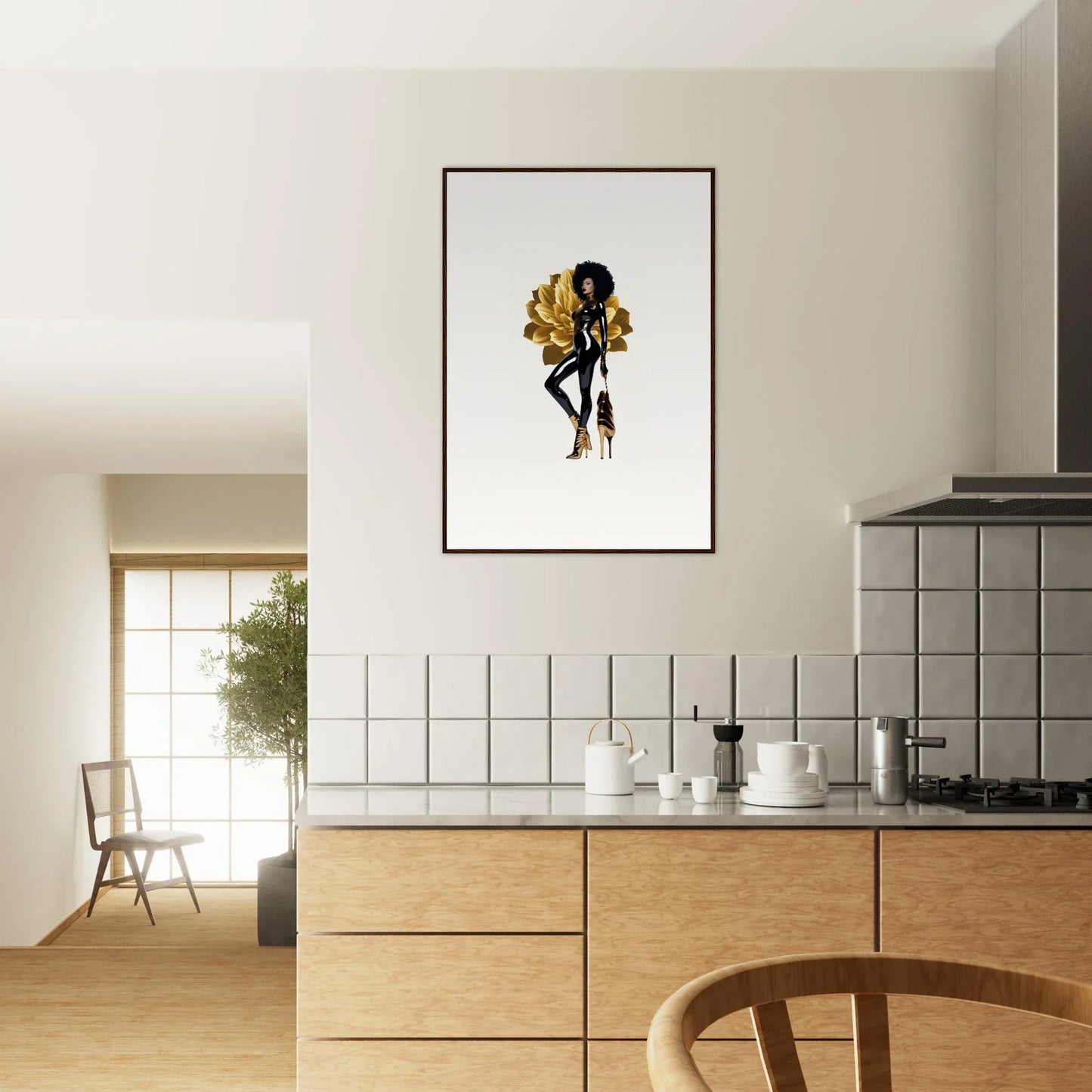 Framed wall art of a stylized figure with golden wings for elegant room decor