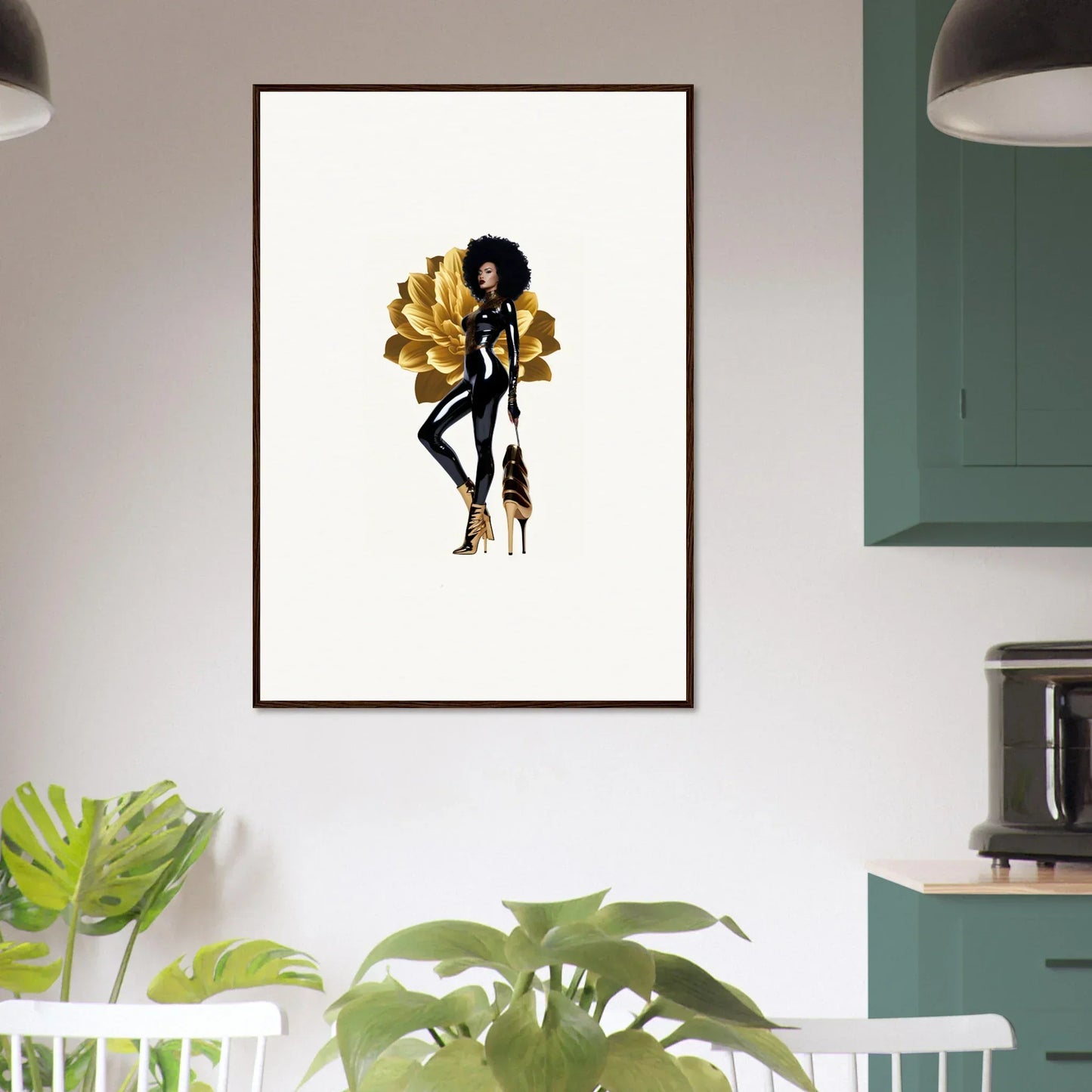 Stylized illustration of a woman with an afro and golden wings for Golden Reverie room decor