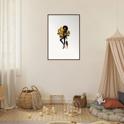 Framed wall art of a woman silhouette with yellow flowers for golden reverie room decor