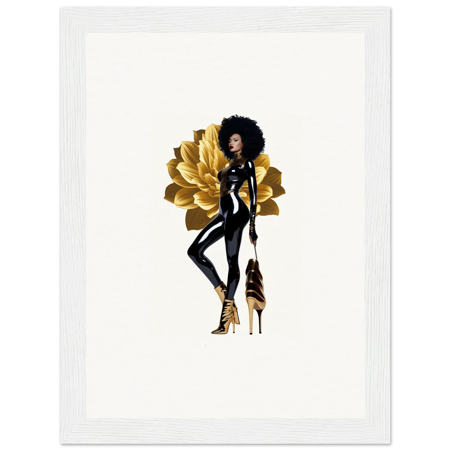 Stylized illustration of a fashionable woman with an afro and golden wings for golden reverie room decor