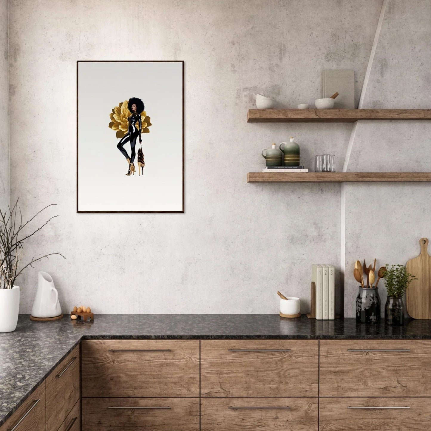 Modern kitchen with wooden cabinets and framed wall art, featuring Golden Reverie decor