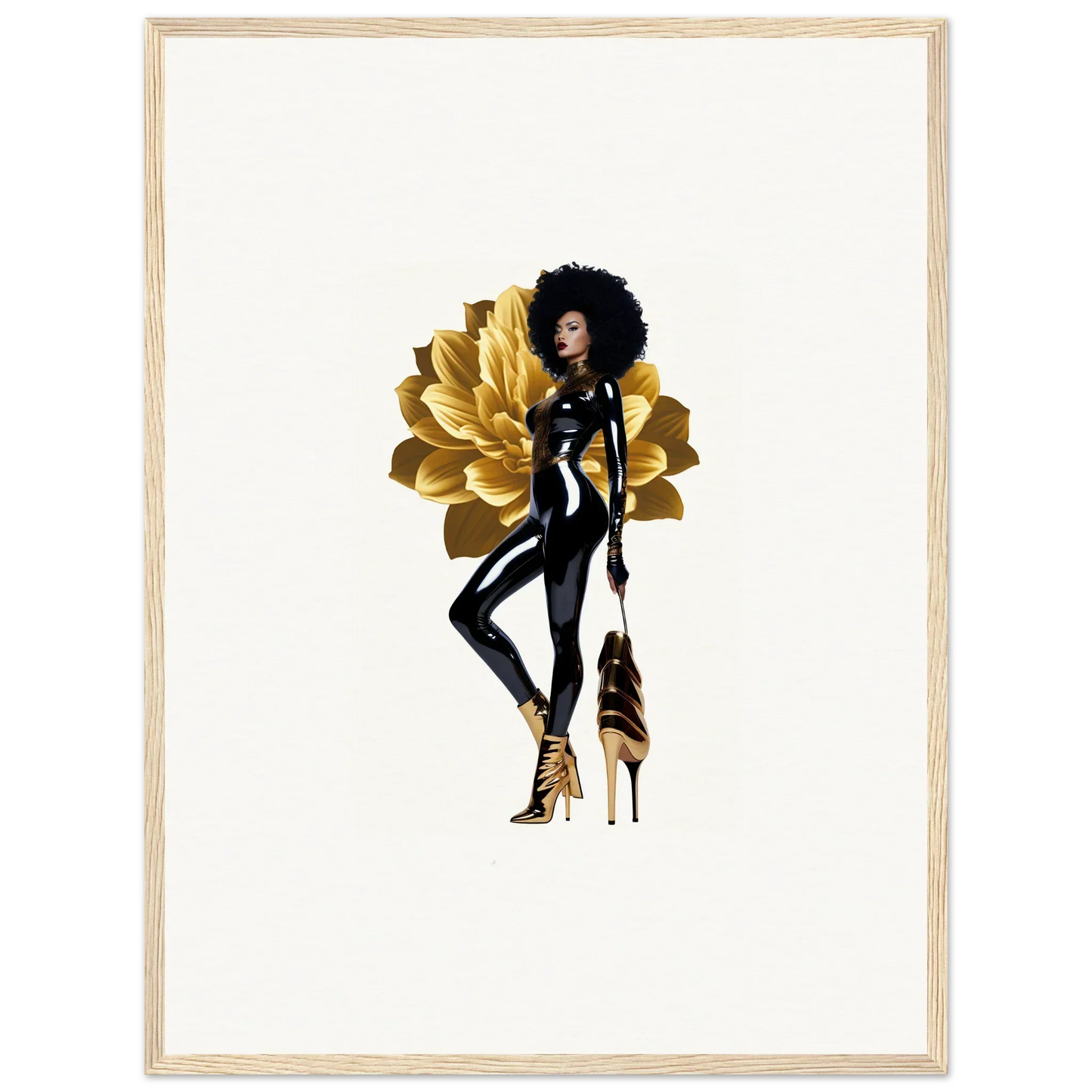 Stylized Black woman in sleek outfit against a golden reverie floral backdrop for room decor