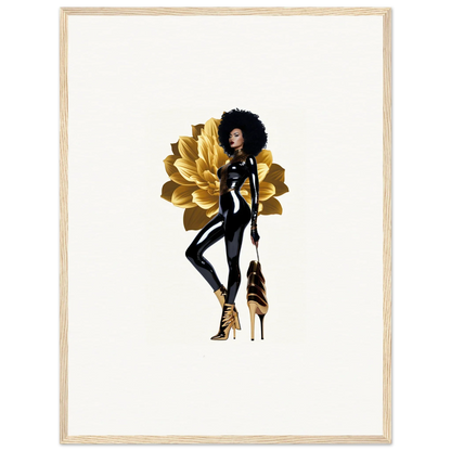 Stylized Black woman in sleek outfit against a golden reverie floral backdrop for room decor