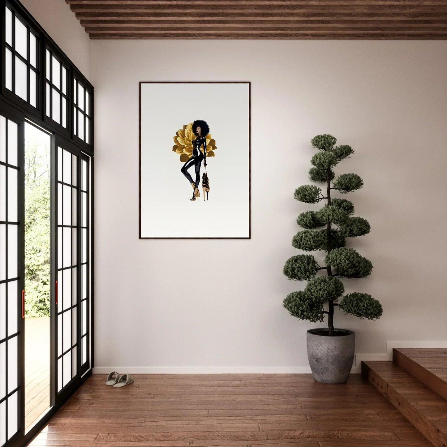 Framed wall art of a stylized black and gold female figure for golden reverie room decor