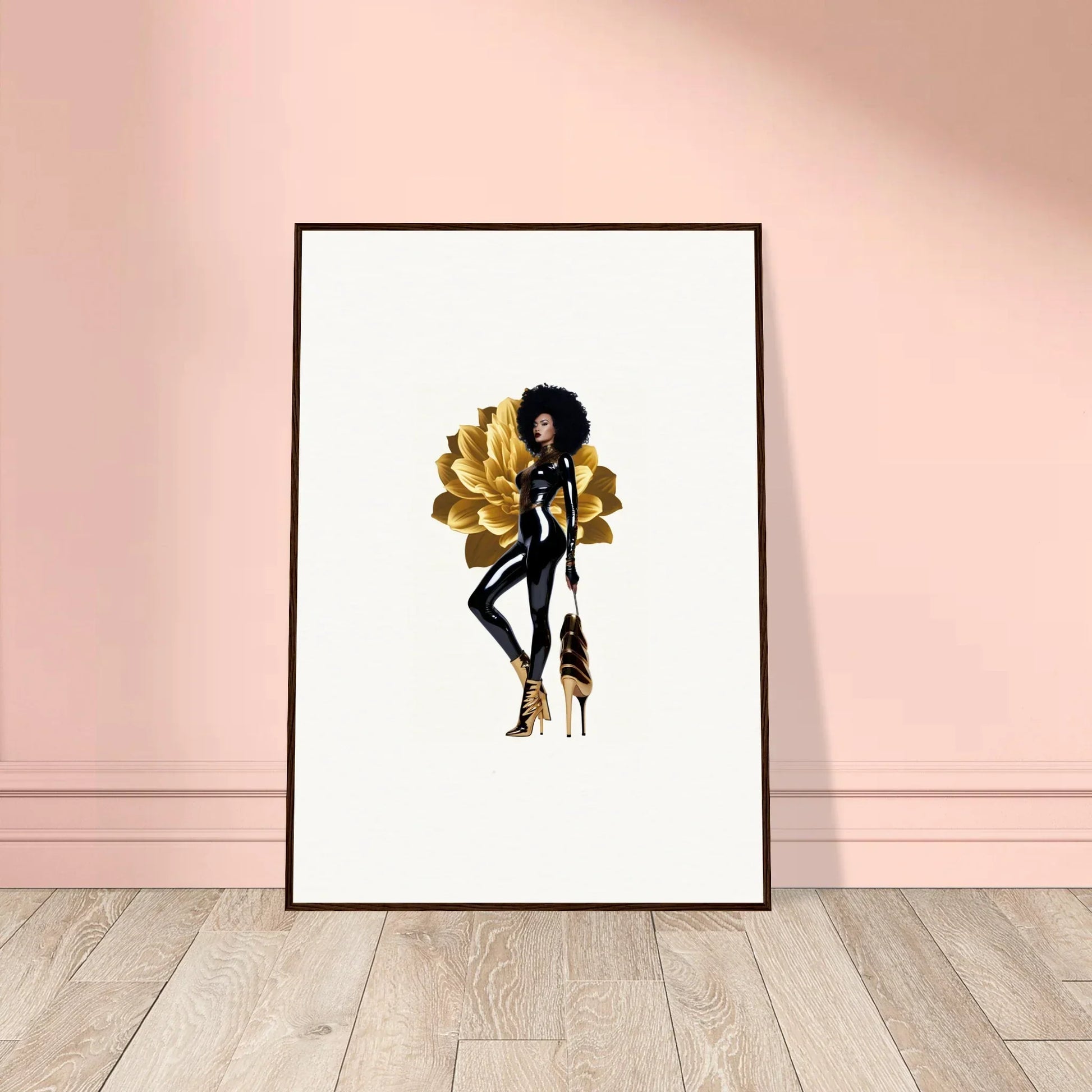 Framed wall art of a stylized figure with golden wings in Golden Reverie room decor