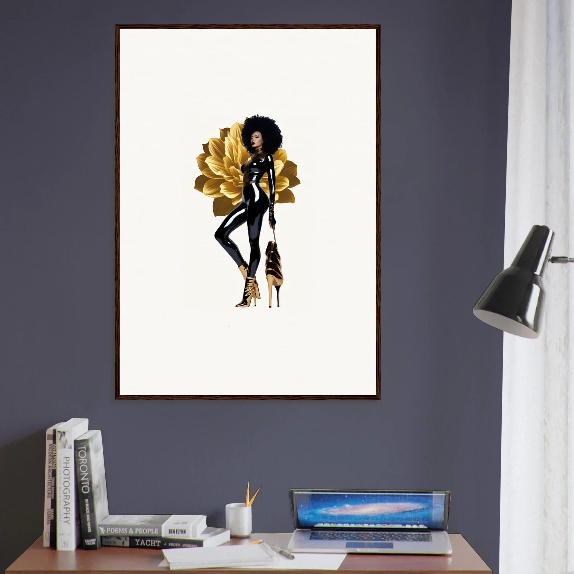 Stylized illustration of a woman in a black bodysuit and golden accessories for golden reverie wall art