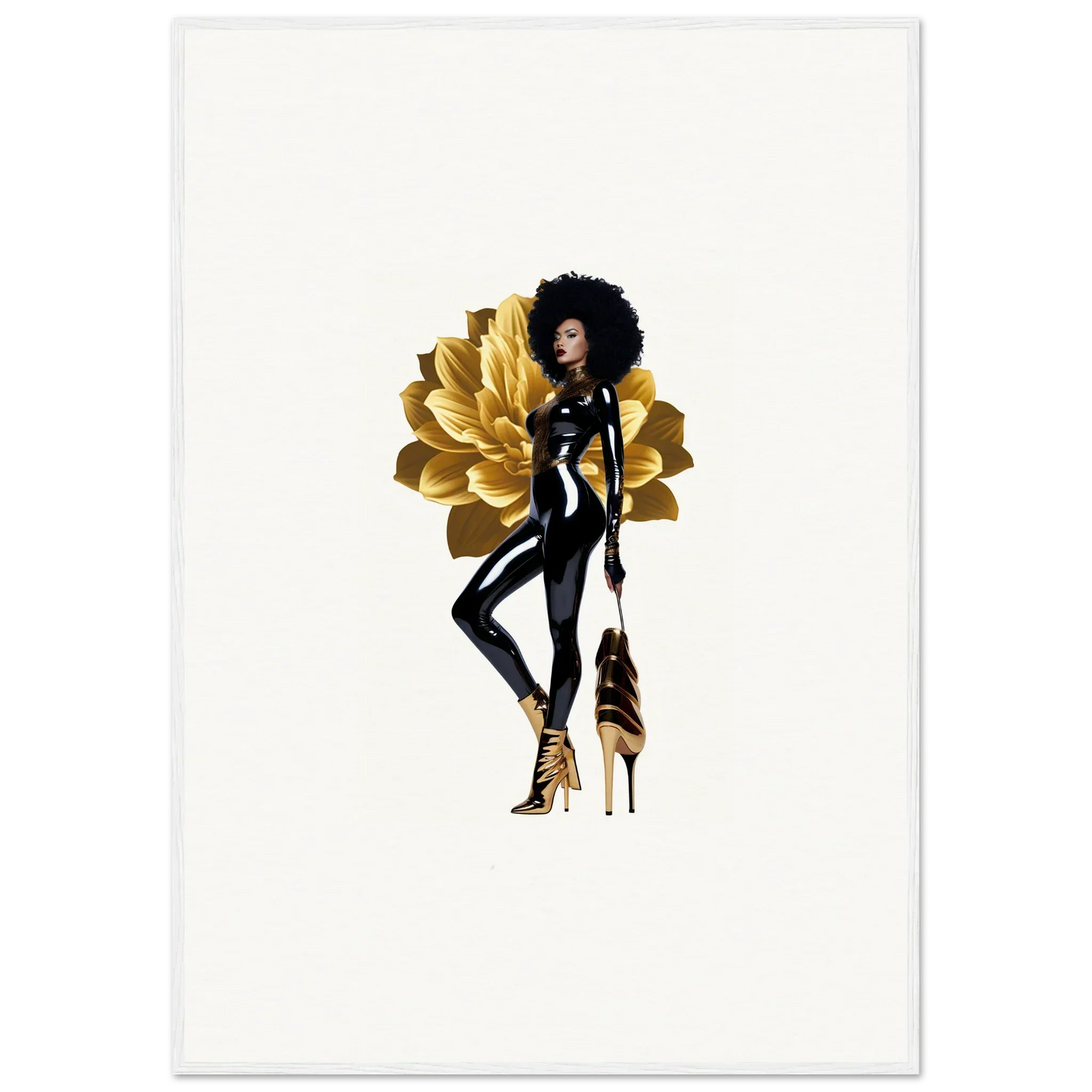 Stylized illustration of Black woman in gold heels, perfect for Golden Reverie room decor