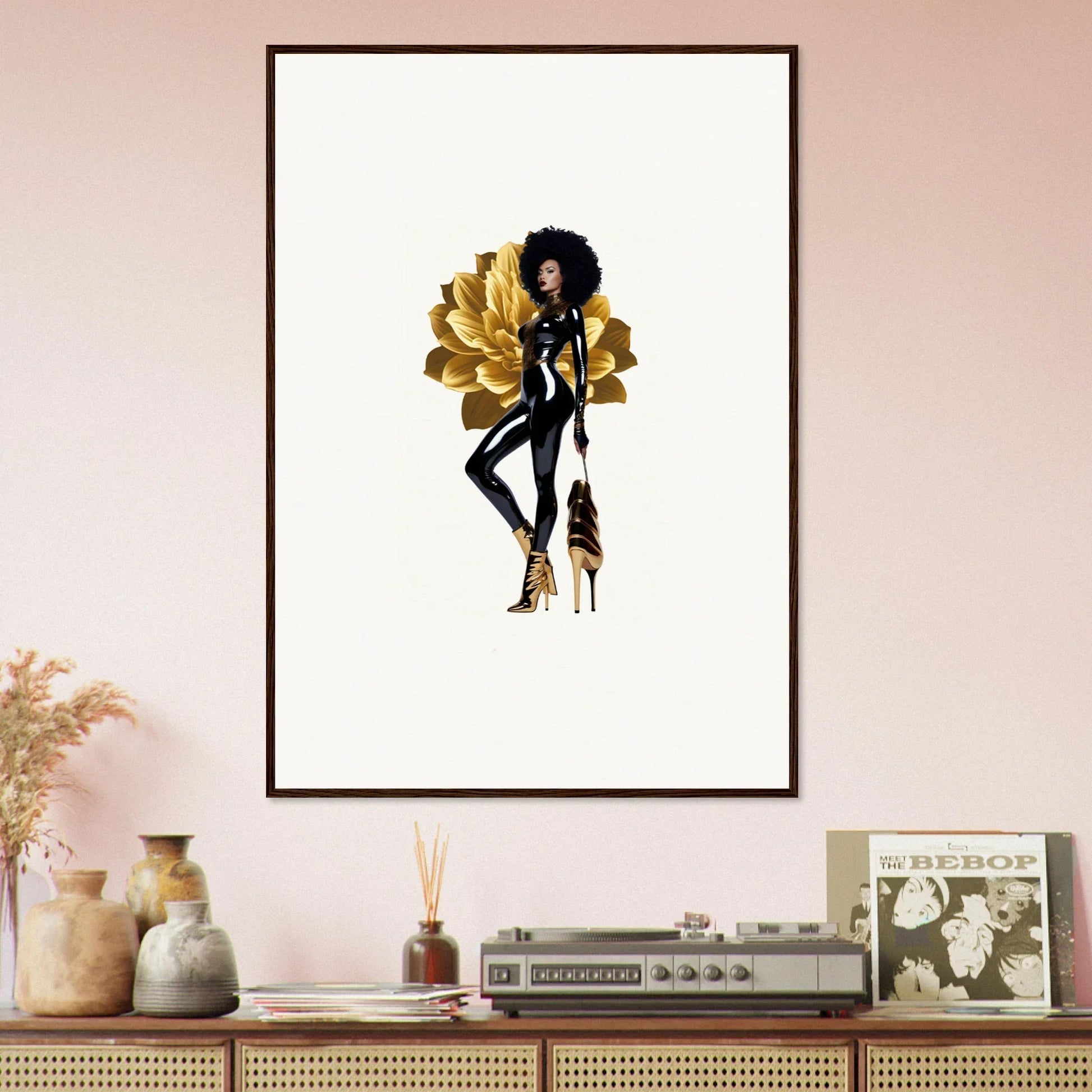 Stylized illustration of a fashionable Black woman in Golden Reverie framed wall art