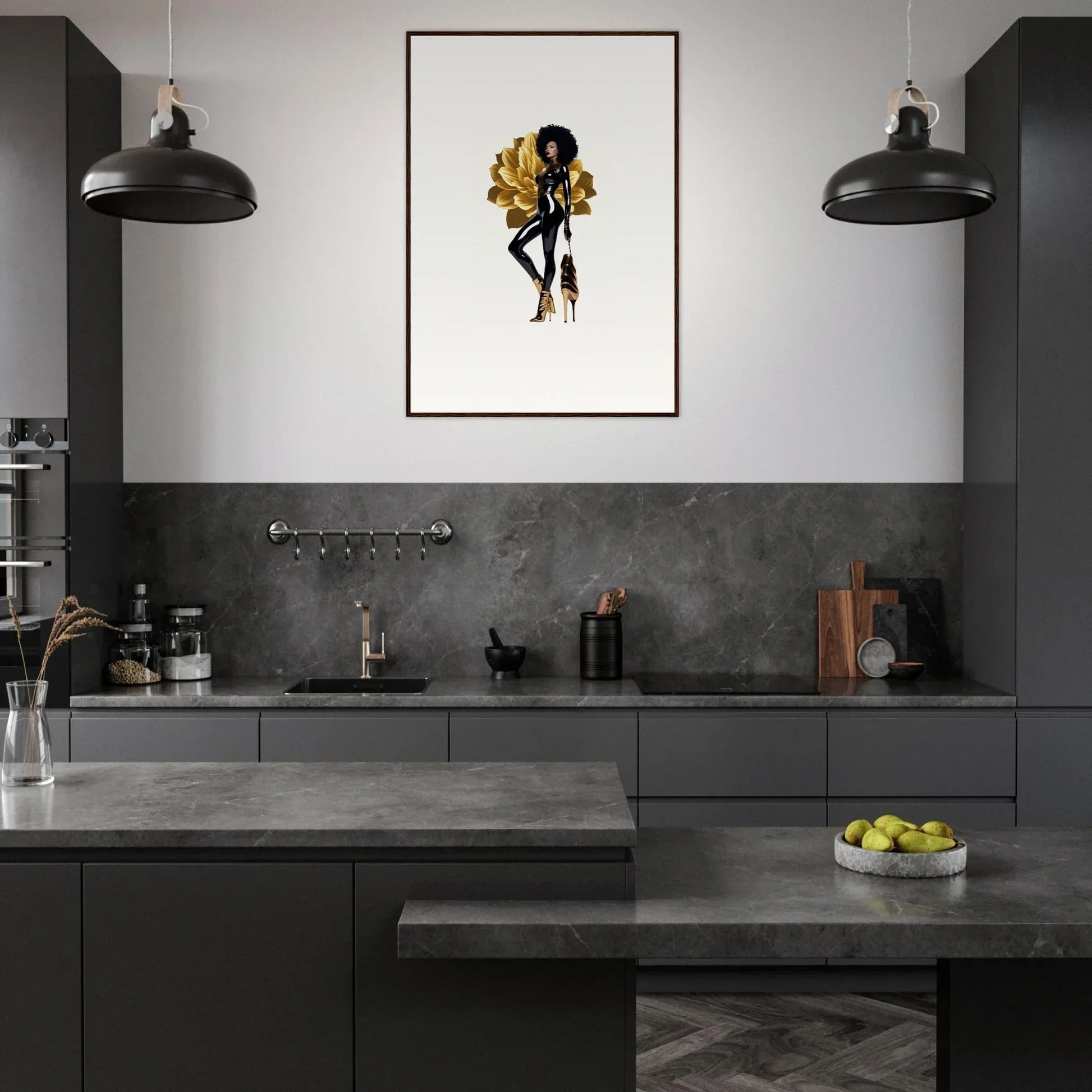 Modern kitchen with dark cabinetry featuring Eclipsed Golden Reverie wall art as room decor