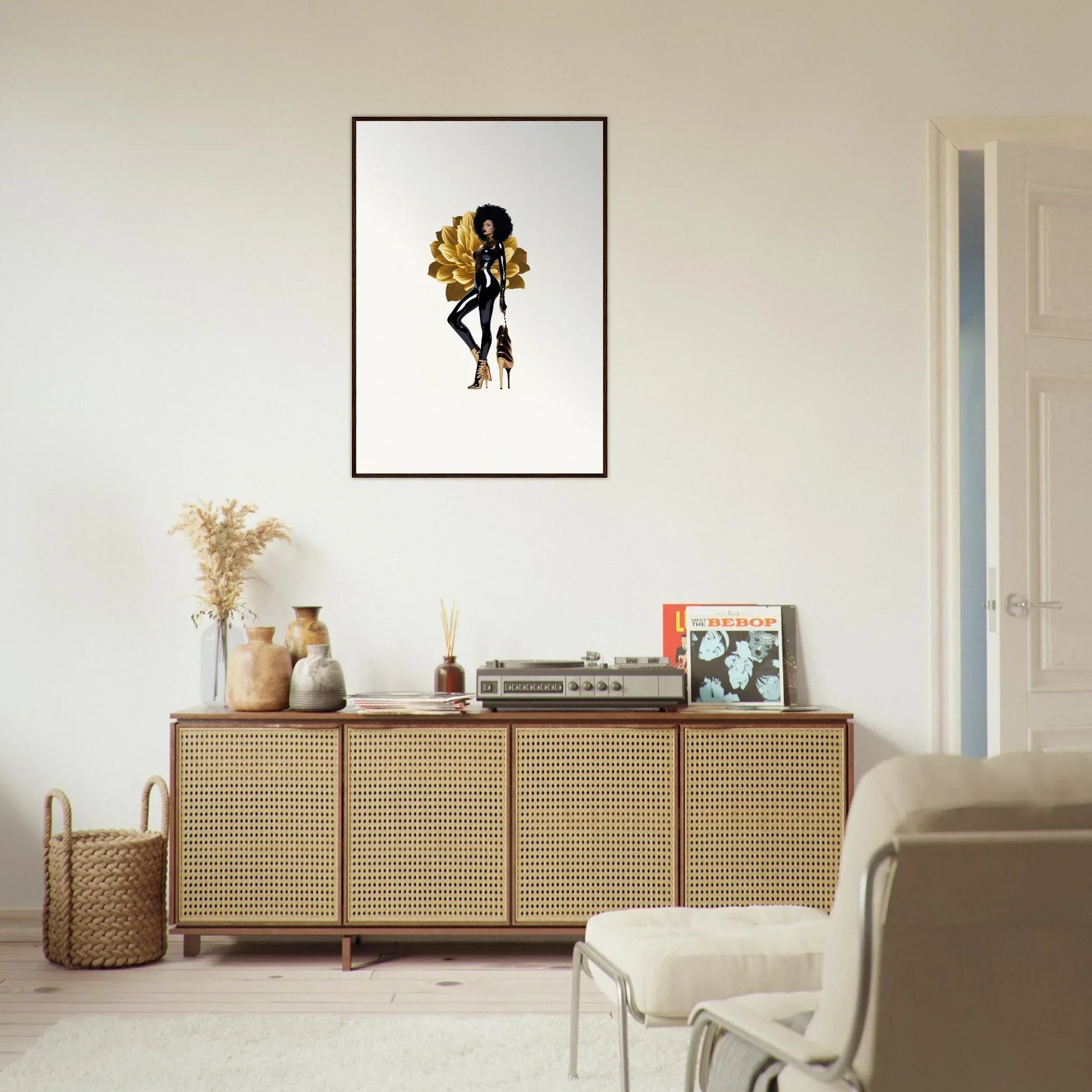 Stylish living room with rattan sideboard and Framed Wall Art for golden reverie decor