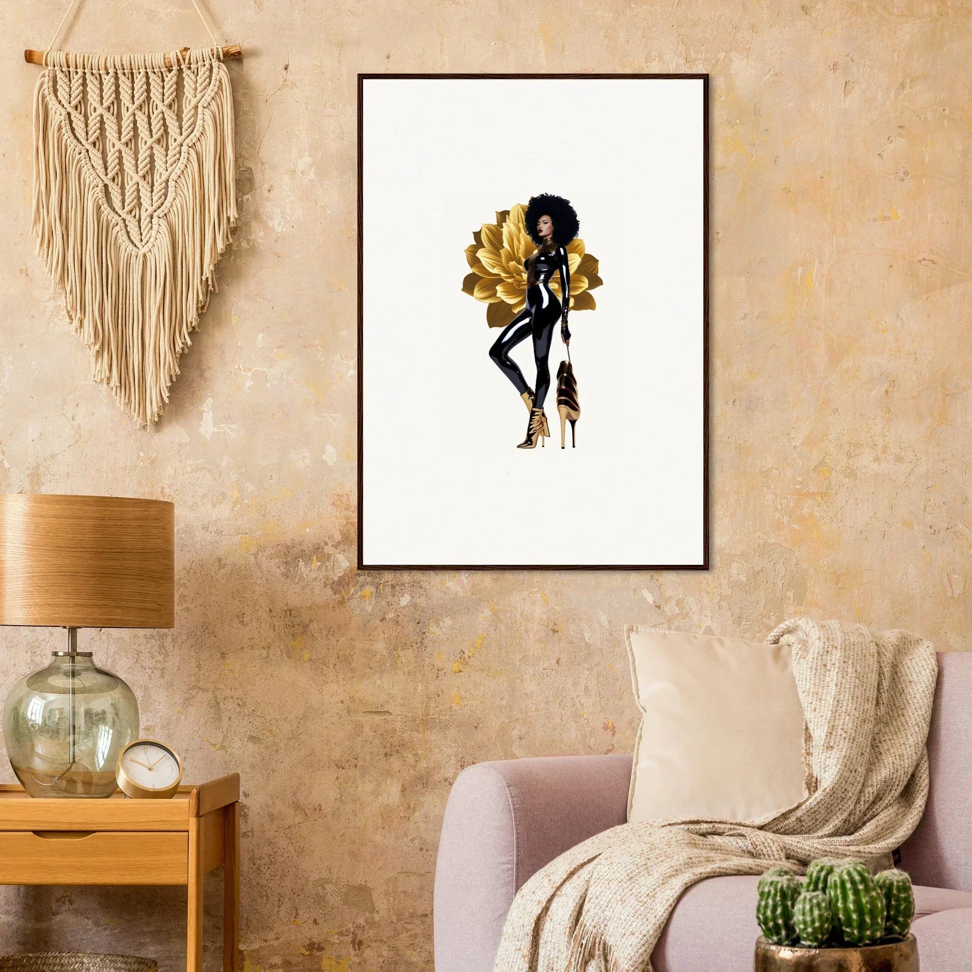 Framed wall art featuring a stylized woman with golden wings, ideal for golden reverie room decor