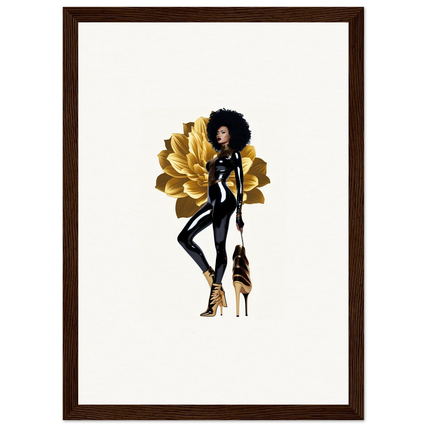 Stylized illustration of a Black woman in gold heels, ideal for Golden Reverie room decor