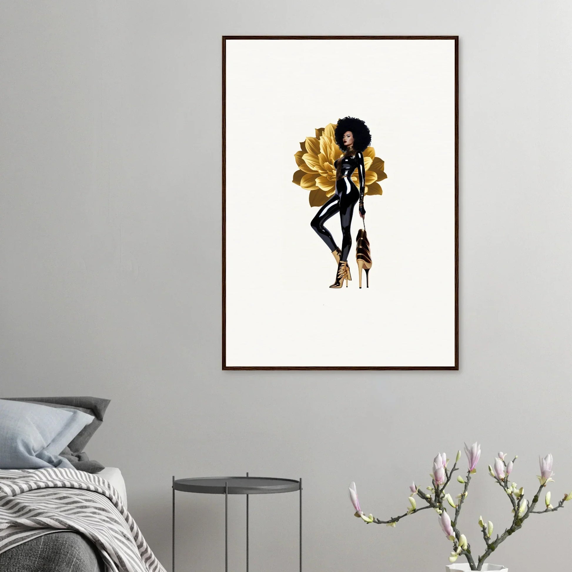 Stylized illustration of a fashionable woman with afro and golden wings for room decor