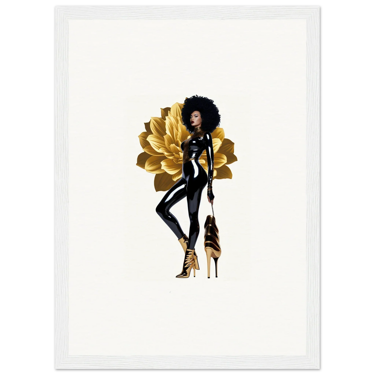 Stylized illustration of a fashionable Black woman with afro and gold floral accents for Golden Reverie room decor