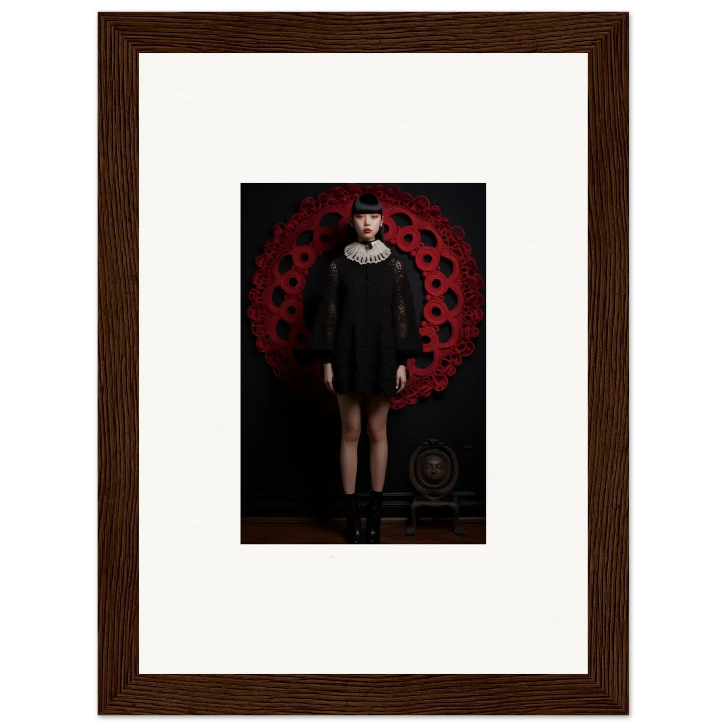 Framed wall art featuring a dark wood border and white mat for Ecstasy. Velvet. Corsetry