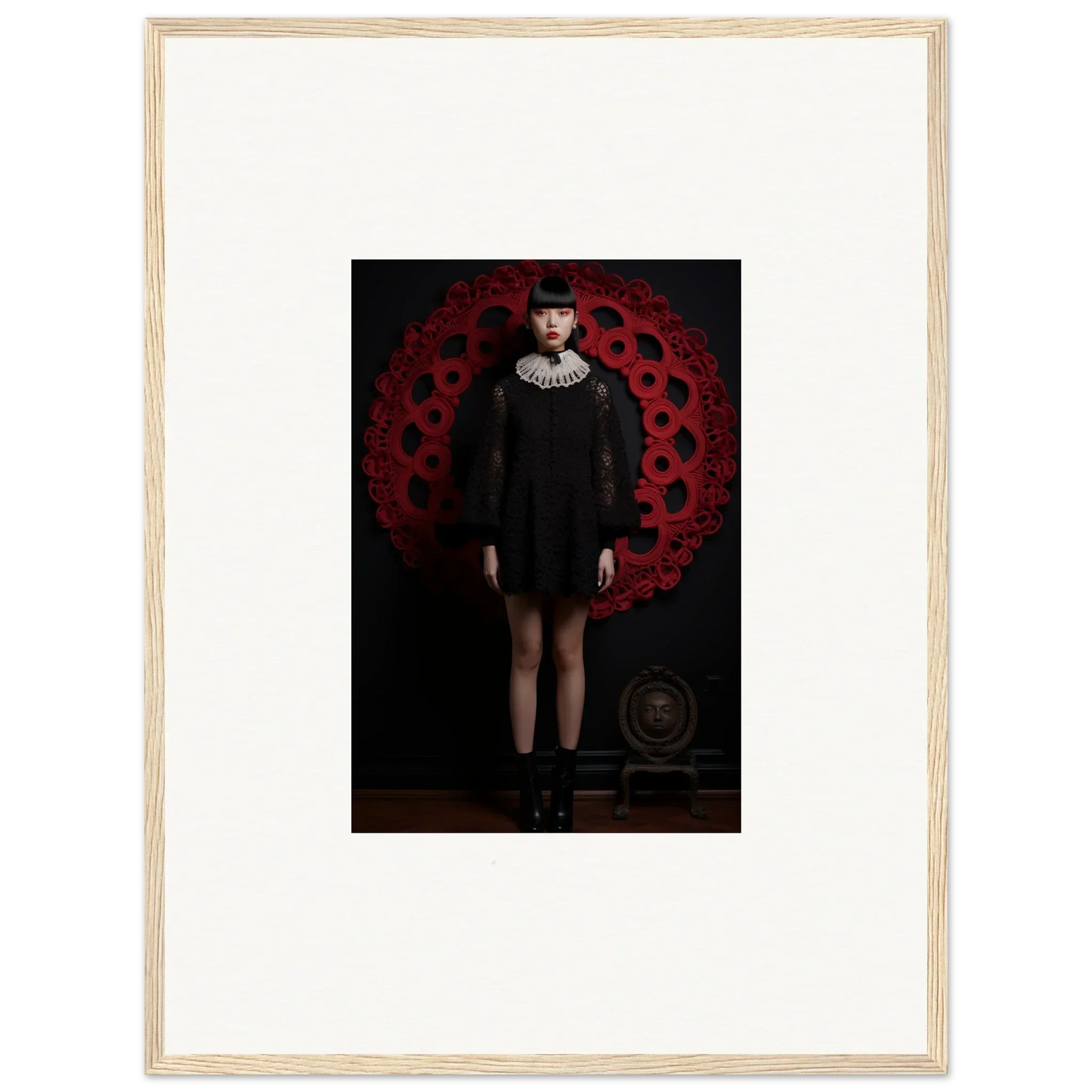 Framed wall art featuring a portrait photograph in a light wooden frame for Ecstasy. Velvet. Corsetry