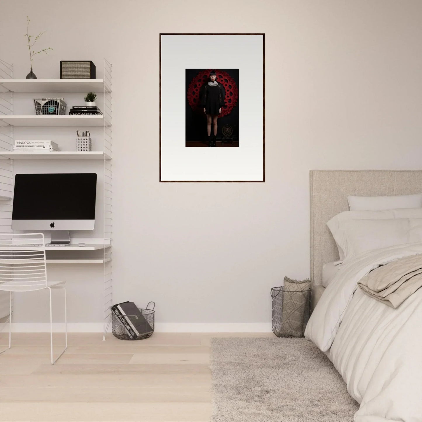 Minimalist bedroom showcasing Ecstasy Velvet Corsetry with premium framed wall art