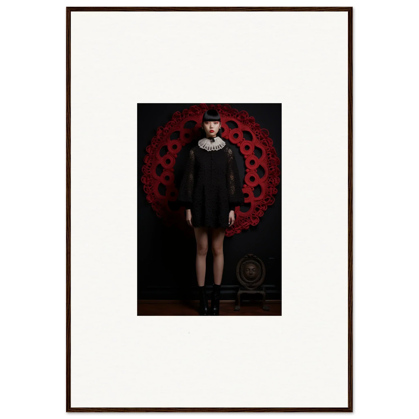 Person in black dress with white collar against red pattern for Ecstasy Velvet Corsetry special edition art™