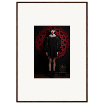 Person in black dress with white collar against red pattern for Ecstasy Velvet Corsetry special edition art™