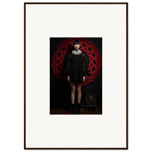 Person in black dress with white collar against red pattern for Ecstasy Velvet Corsetry special edition art™