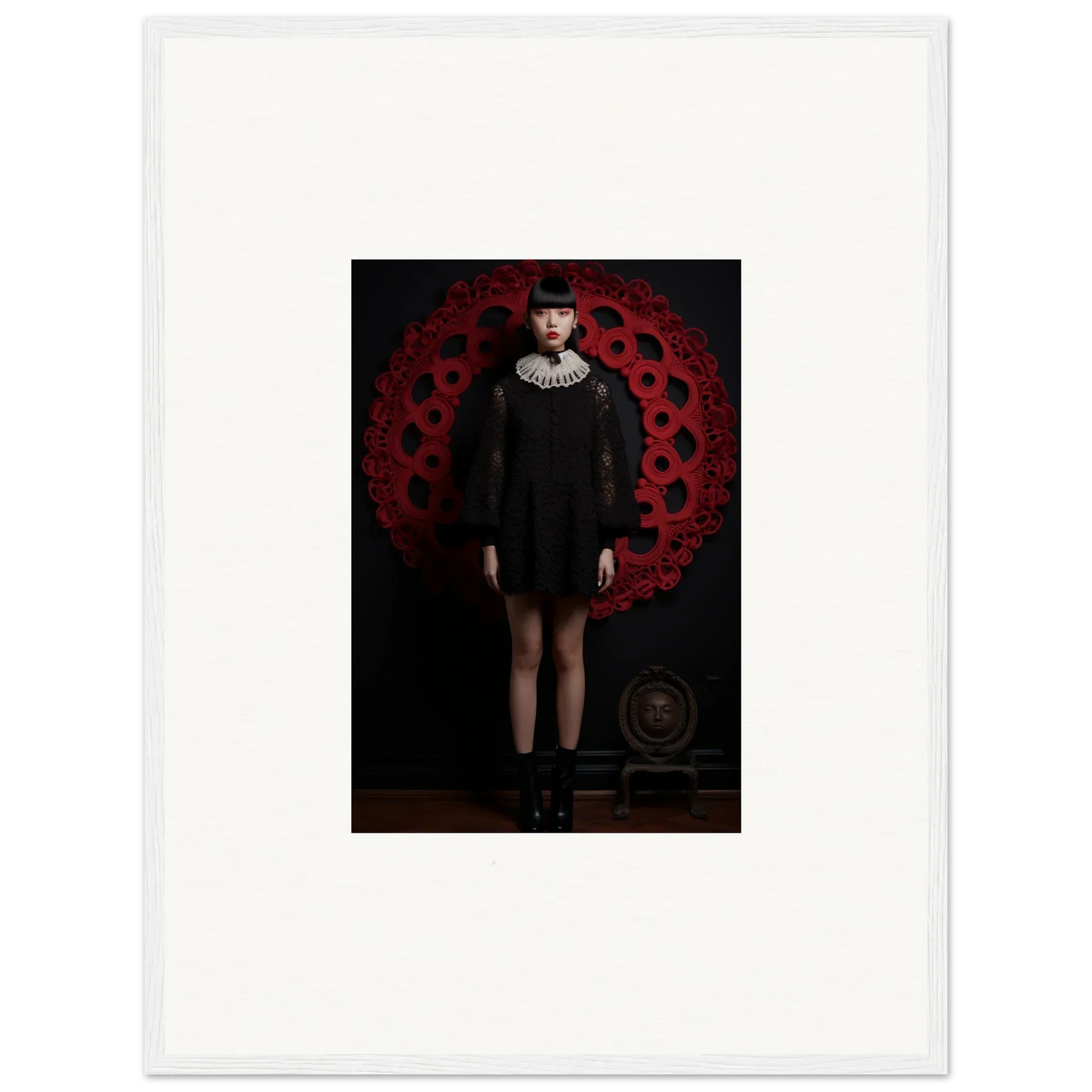 Figure in a black dress with white collar and boots showcased in Ecstasy Velvet Corsetry premium framed wall art