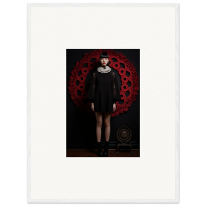 Figure in a black dress with white collar and boots showcased in Ecstasy Velvet Corsetry premium framed wall art