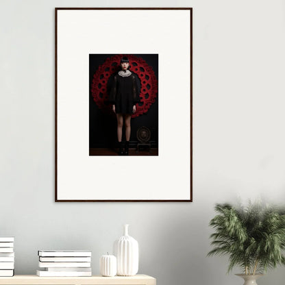 Framed wall art featuring a dark figure in front of a deep red pattern for Ecstasy. Velvet. Corsetry